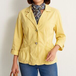 Chico's Womens M Yellow Button Front Cotton Jacket Lightweight 3/4 Sleeve Blazer